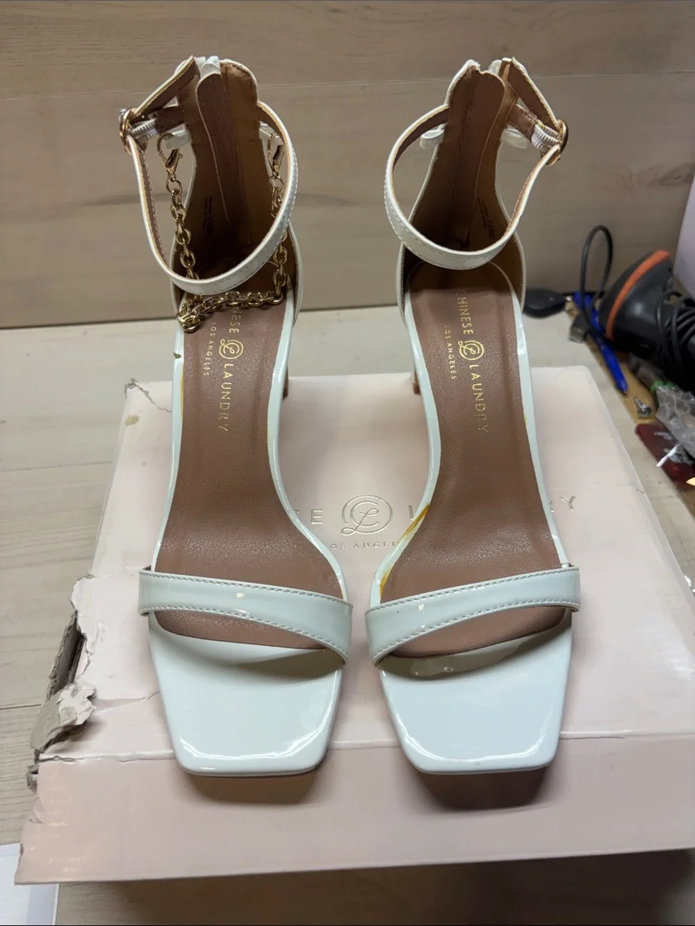 Chinese Laundry White Patent Square-Toe Ankle Strap Block Heels #552
